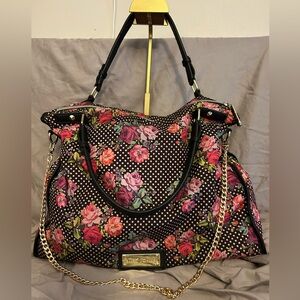 Betsey Johnson Black Polka Dot & Pink Rose Floral Satchel Handbag Large Slouchy